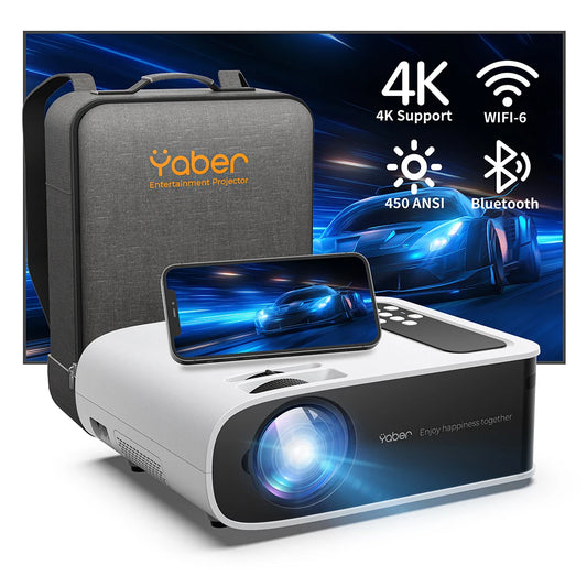 Vidéoprojecteur YABER Pro V8 WIFI6 Bluetooh,450 ANSI Lumens Soutiens 4K Full HD 1080P Projecteur, Correction trapézoîdale 4D/4P Zoom RétroProjecteur 250'' Home Cinéma pour iOS,Android,TV Stick,PS5.